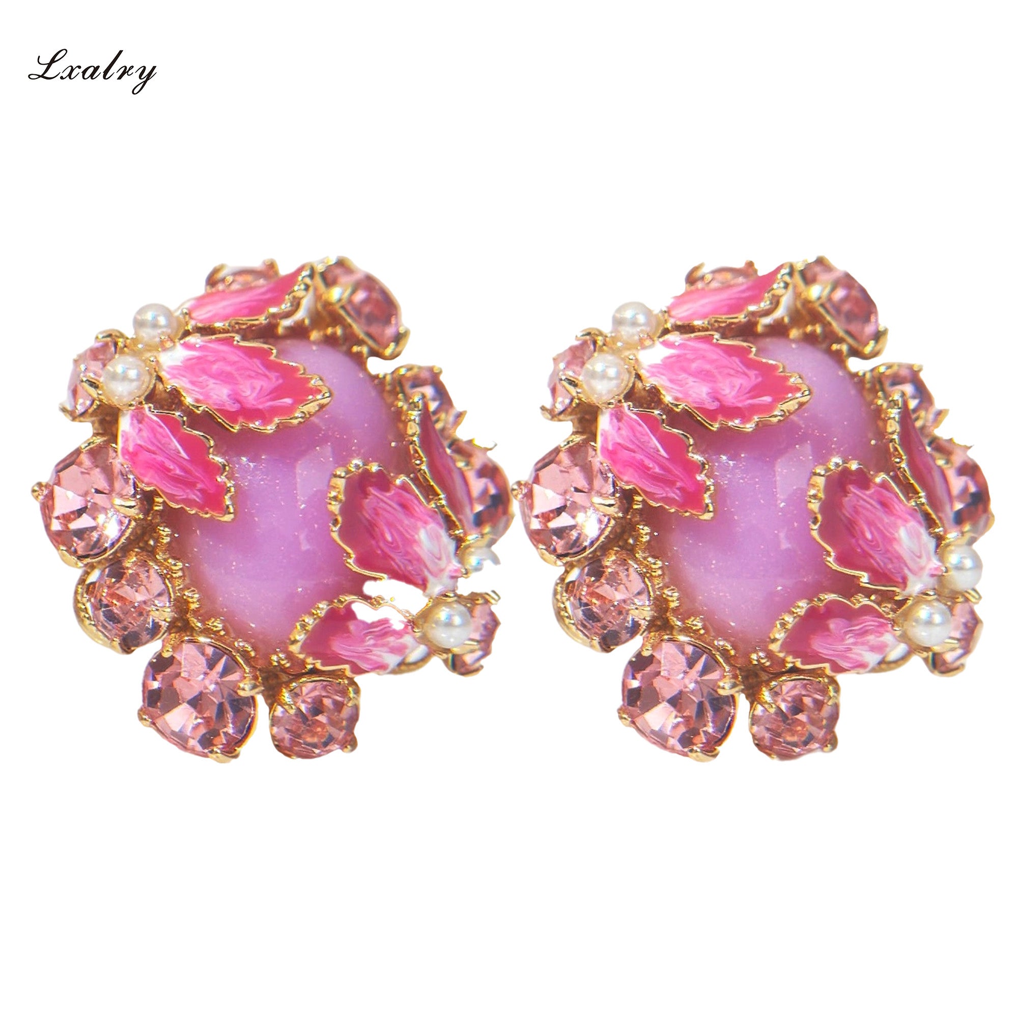 Lxalry 18K Gold Plated Pink Zircon & Enamel Floral Earrings - Vintage Statement Style For Weddings And Parties, Tarnish-Free, Hypoallergenic, Retro Earrings, Gift For Her