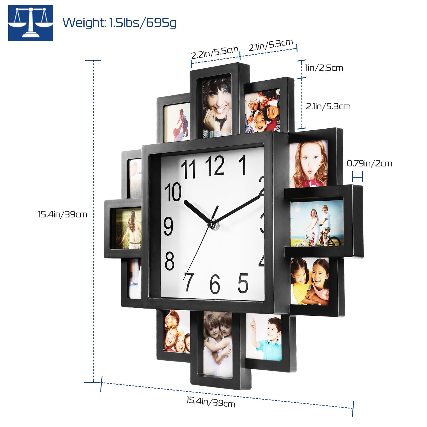 1Pc Photo Frame Clock Picture Collage 12-Picture Display Wall Clock Photowall Wall Hanging Home Decor
