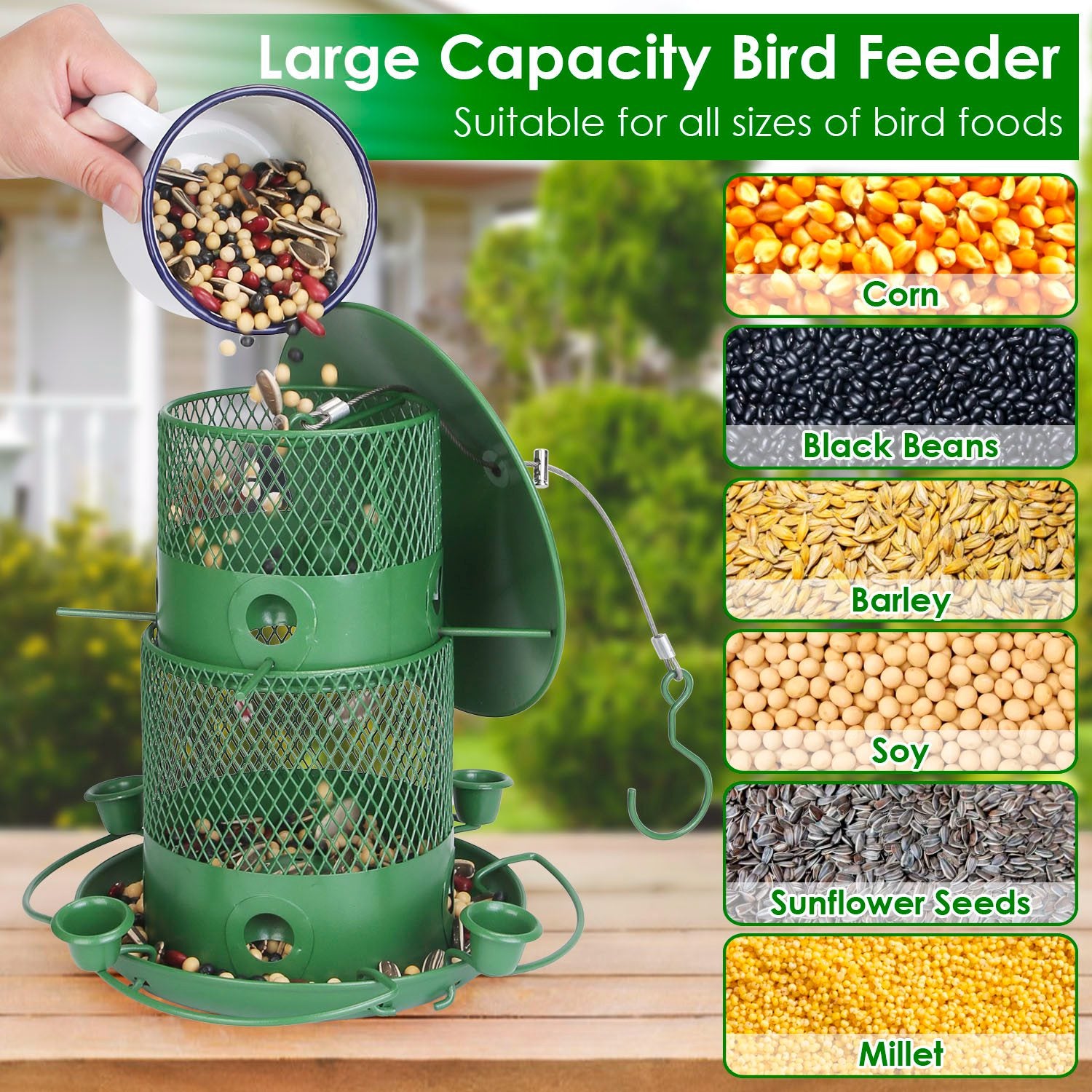 1Pc Wild Bird Feeder Squirrel-Proof Chew-Proof Metal Bird Seed Feeder Outdoor Hanging Bird Feeder With 360 Degree Circular Perches Water Cups For Yard Garden Patio