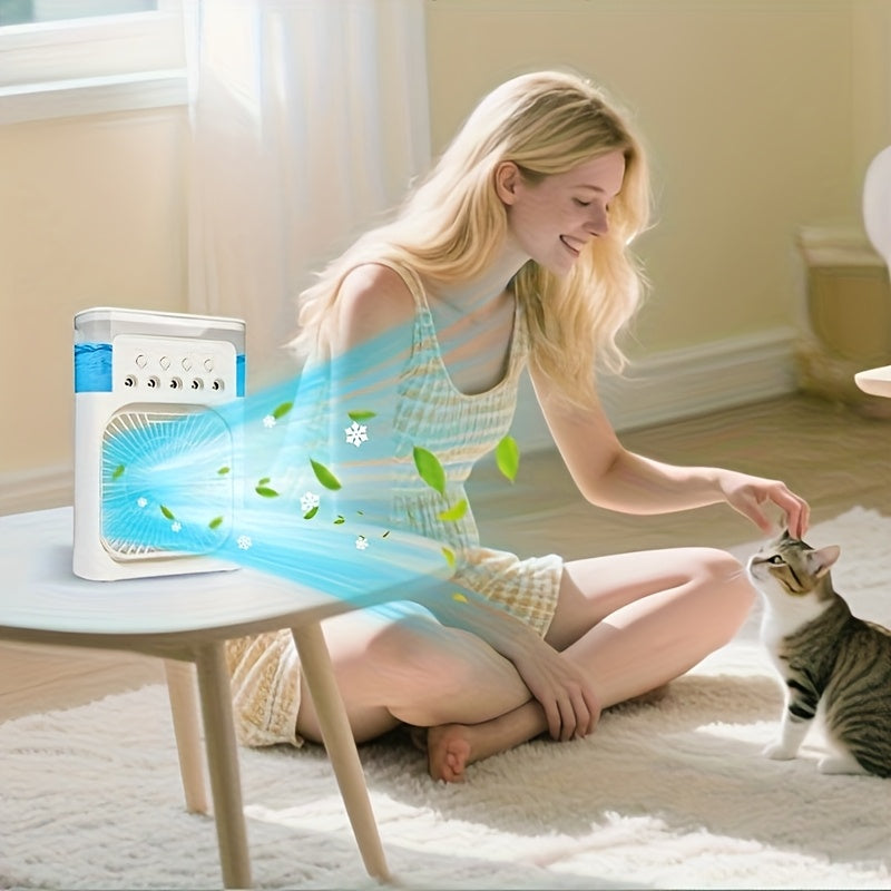 3-in-1 Portable Air Conditioner Fan With Humidifier & LED Light, 3 Speeds & 3 Mist Modes, USB Powered Mini Desktop Cooler For Bedroom, Office, Home, And Travel