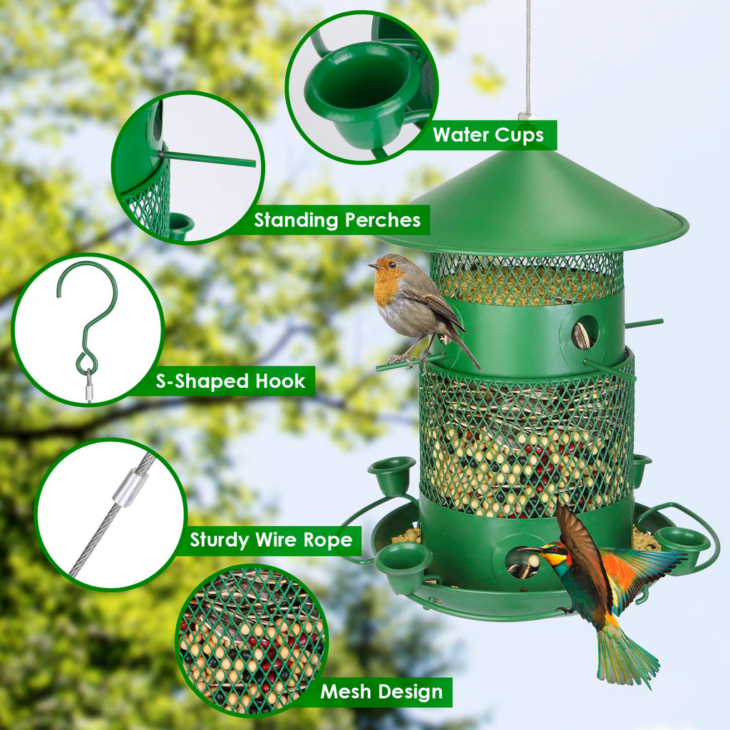 1Pc Wild Bird Feeder Squirrel-Proof Chew-Proof Metal Bird Seed Feeder Outdoor Hanging Bird Feeder With 360 Degree Circular Perches Water Cups For Yard Garden Patio