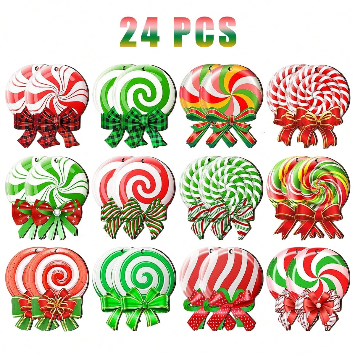 24 Pieces Peppermint Christmas Tree Ornaments Colorful Peppermint Wood Decorations Green Red Lollipop Shaped Christmas Hanging Ornaments For New Year Holiday Xmas Theme Birthday Party Decor