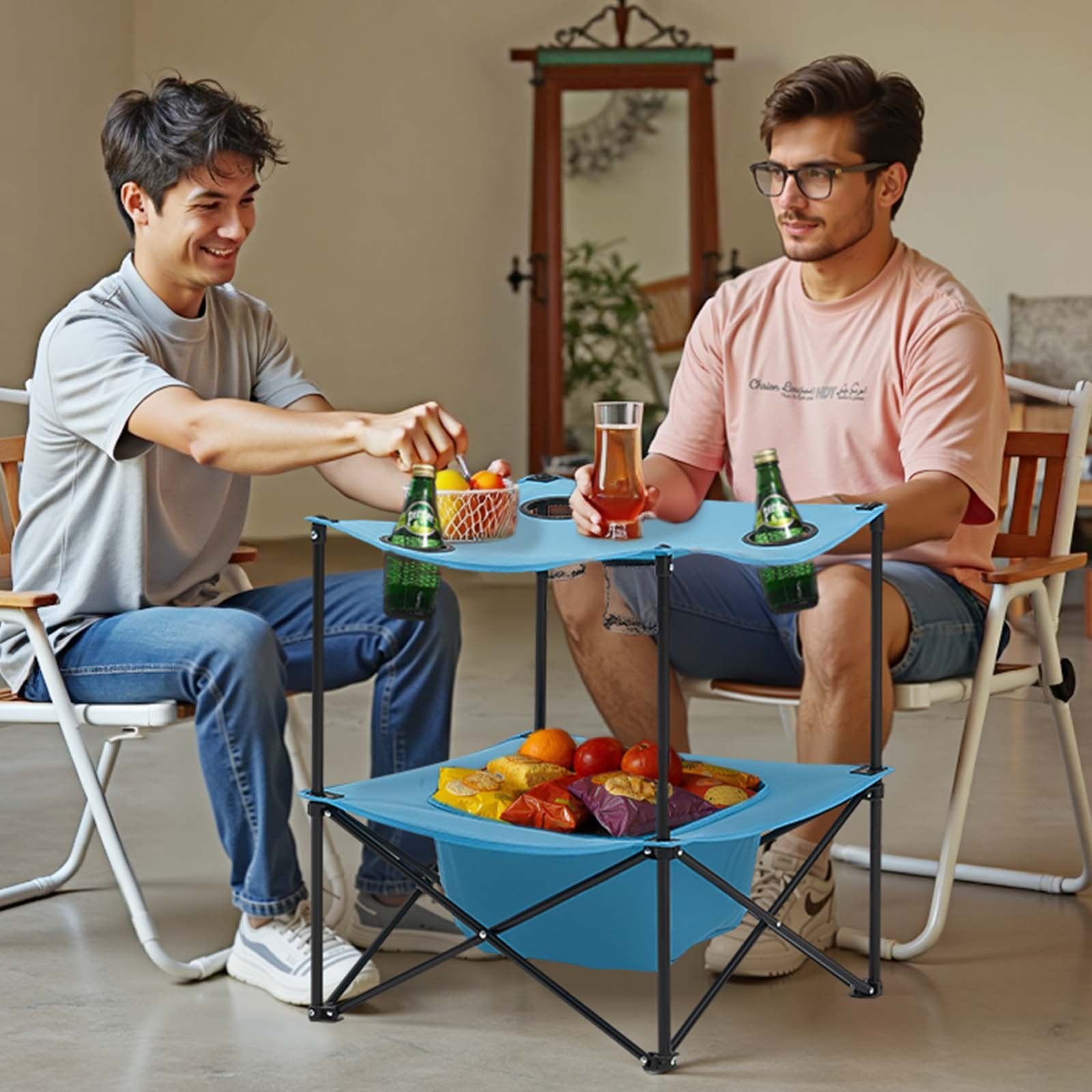 Folding Portable Camping Table Oxford Outdoor Picnic Square Table 4 Cup Holders