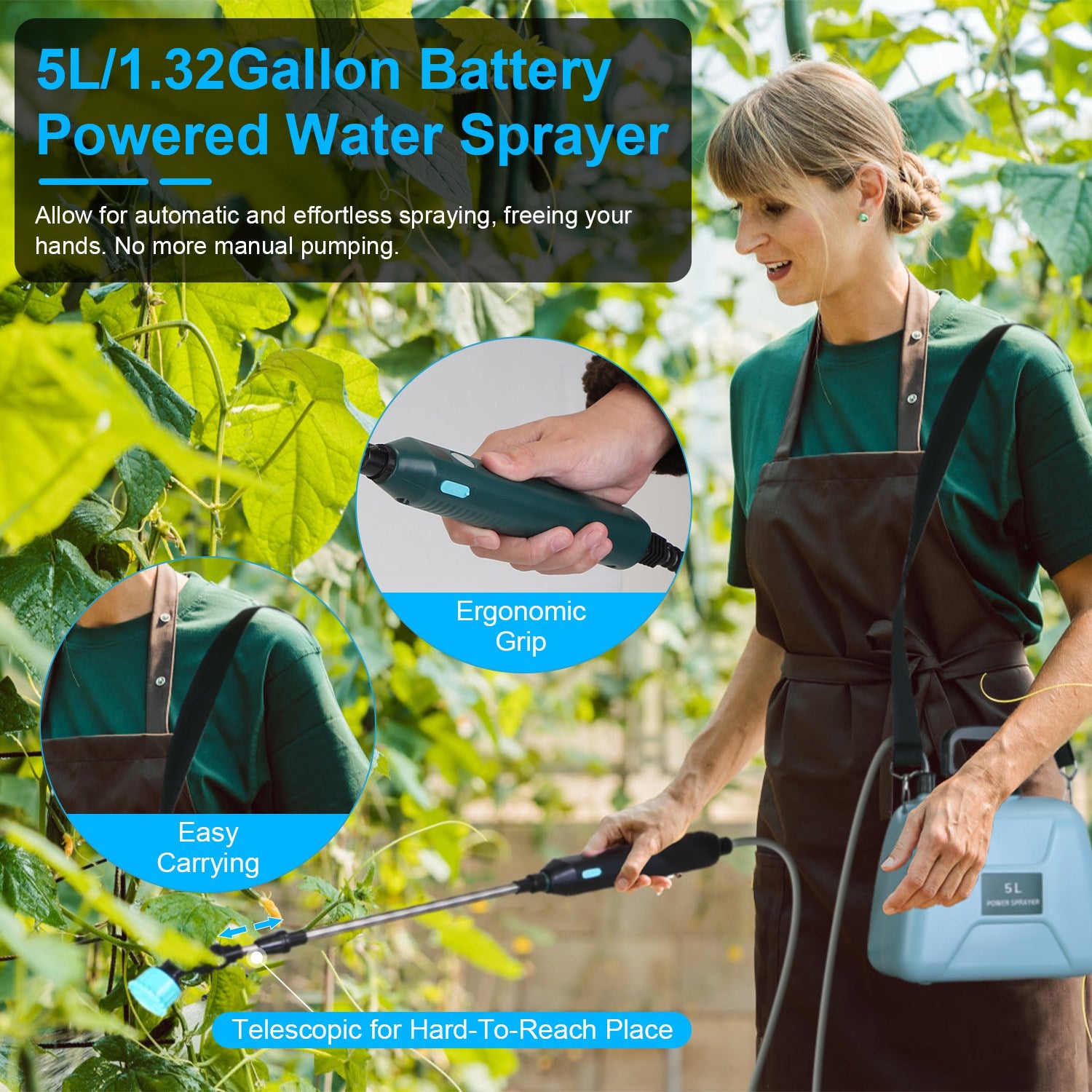 5L 1.32Gallon Battery Operated Water Sprayer Portable Garden Sprayer Electric Sprayer With Rechargeable Handle Telescopic Wand 3 Spray Nozzles Shoulder Strap For Lawn Garden