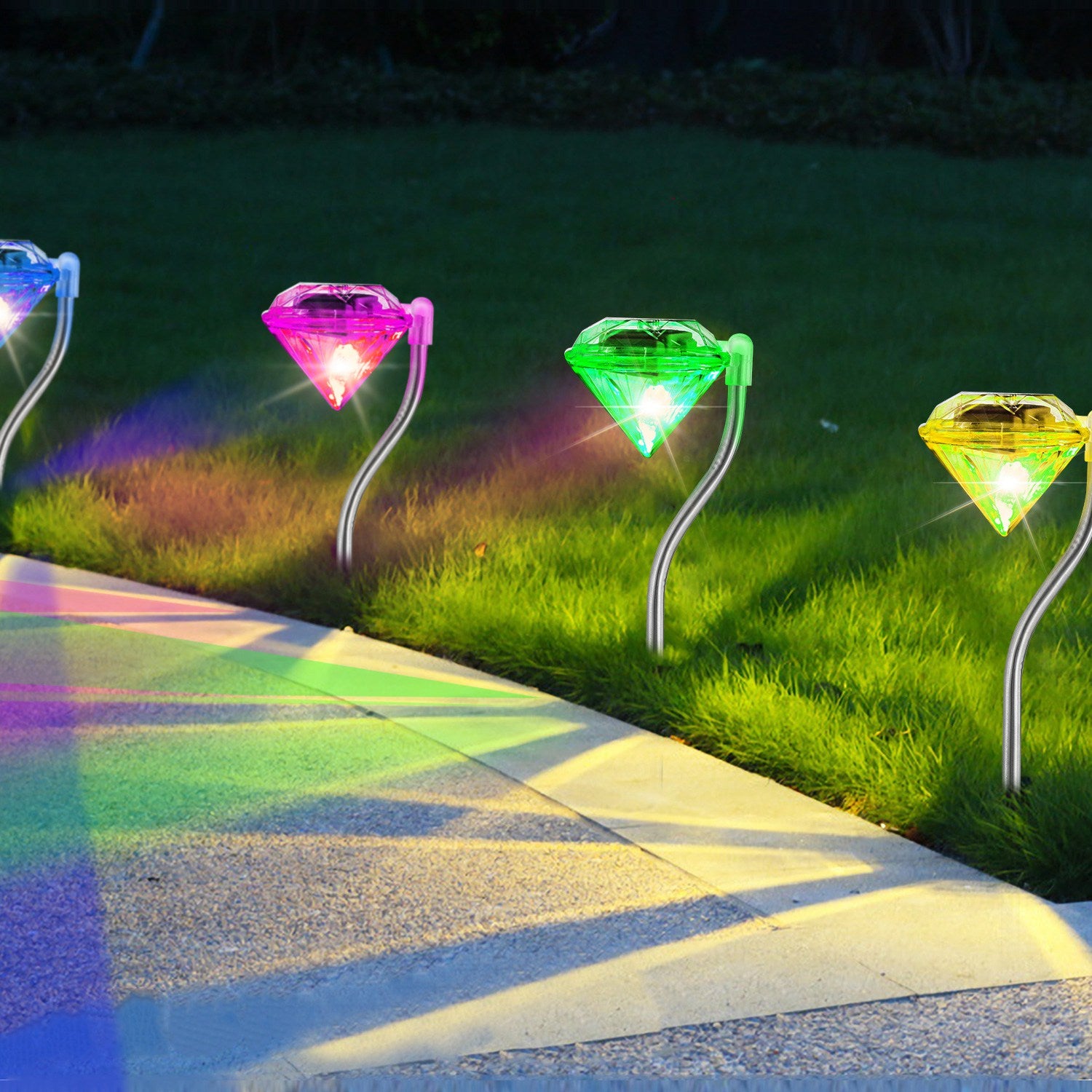 4Pcs Solar Garden Stake Light Outdoor Diamond LED Light 7 Color Changing IP65 Waterproof Pathway Stake Decorative Lamp For Garden Patio Yard Walkway
