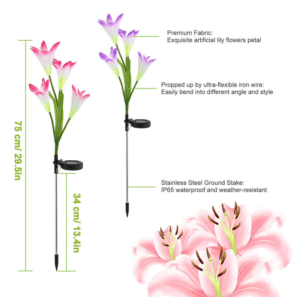 2Pcs Solar Pathway Lights Outdoor Lily Flower 7-Color Changing IP65 Waterproof For Garden Patio Yard Walkway