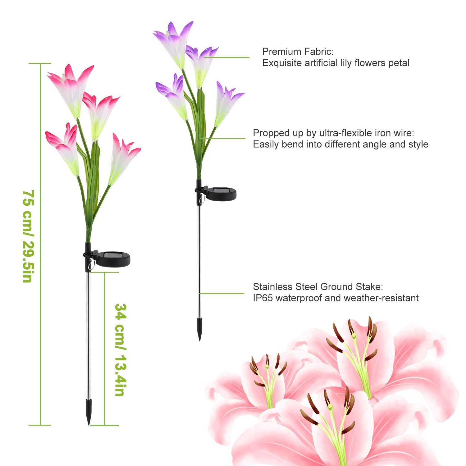 2Pcs Solar Pathway Lights Outdoor Lily Flower 7-Color Changing IP65 Waterproof For Garden Patio Yard Walkway