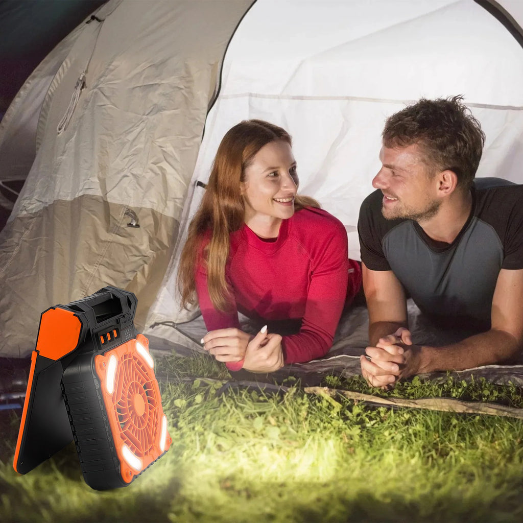 1Pc Solar Camping Fan With LED Lantern 5200mAh Rechargeable Battery Operated Portable Fan With Emergency Power Bank 4 Wind Speeds 3 Light Modes 3 Timers For Hiking Fishing Travel