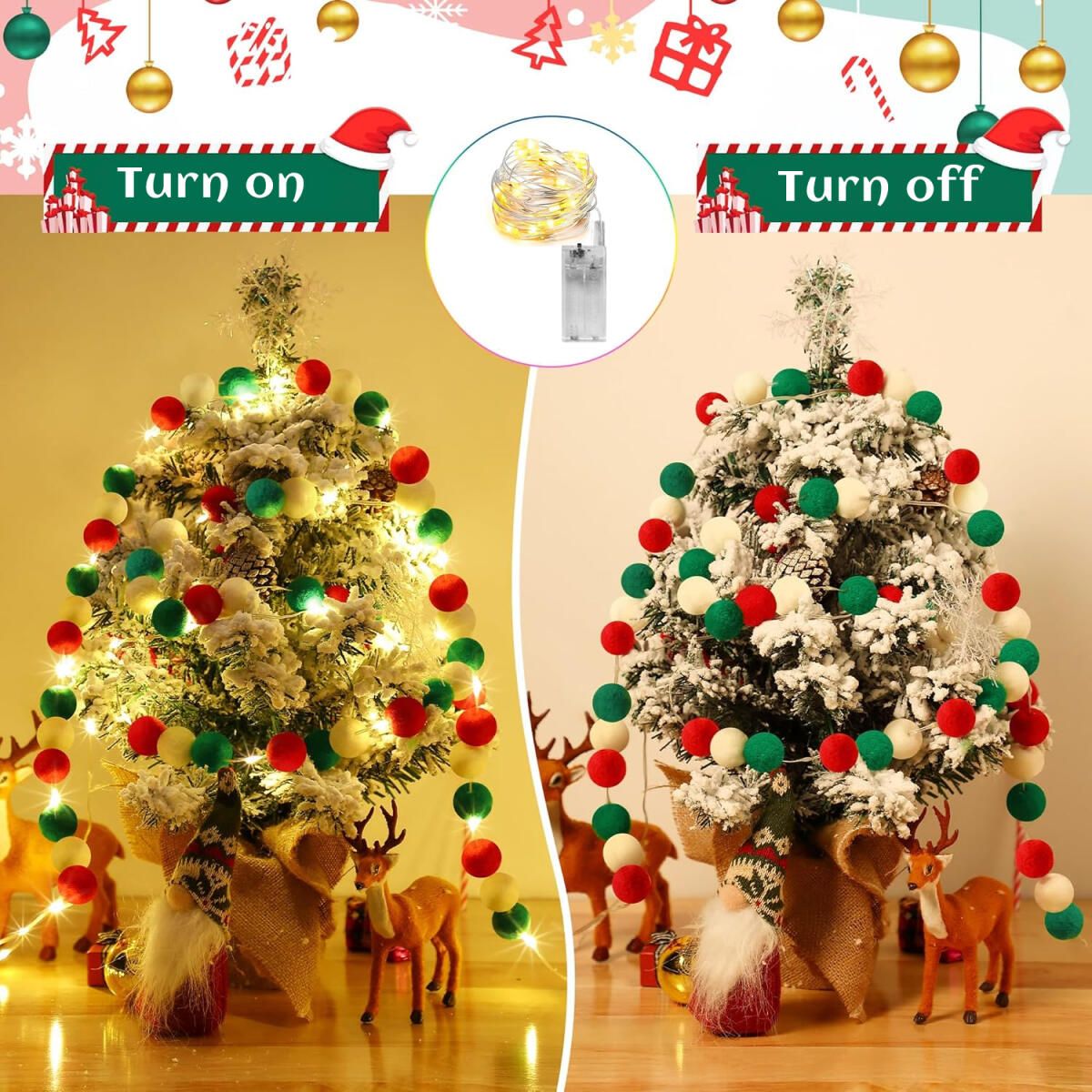 9.84 Ft Felt Ball Garland With Warm Light String Christmas Pom Pom Garland Red Green White 1 Inch Pompoms DIY Unique Hanging Bunting Banner For Xmas Tree Fireplace Wall Home Decor