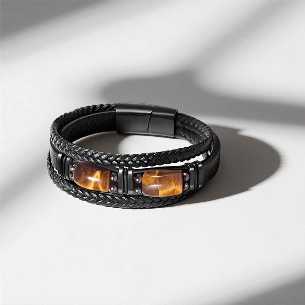 Natural Tiger Eye Stone Bracelet Healing Tiger Eye Quartz Leather Braided Gift