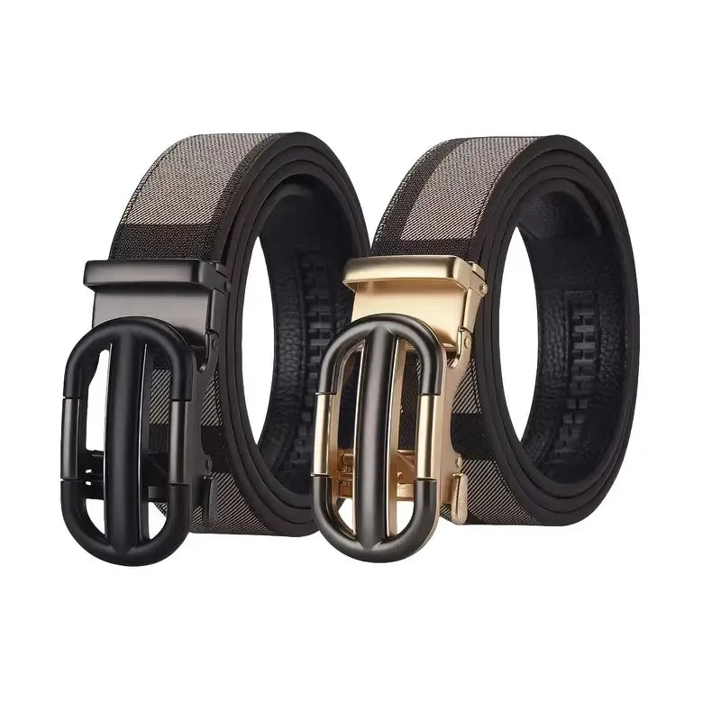 Men's Belt Hollow Alloy Automatic Buckle Printed Men's Belt Versatile High-end Belt Fashion Belt Strong And Durable Men's Belt, Men's Fashion Ratchet Belt, Adjustable Size