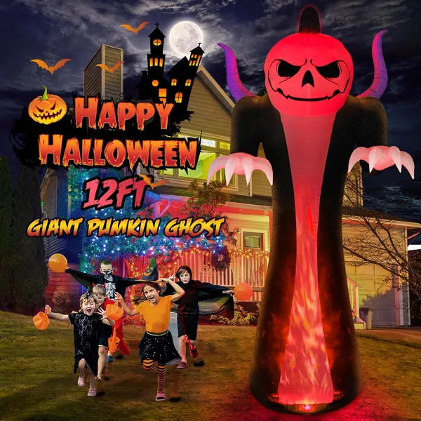 12FT Halloween Inflatables Decoration Outdoor Giant Pumpkin Reaper Ghost With 3-Colored Rotation Flame LEDs Spooky Halloween Blow Up Yard Decorations Outdoor Holiday Party Yard Lawn Decor