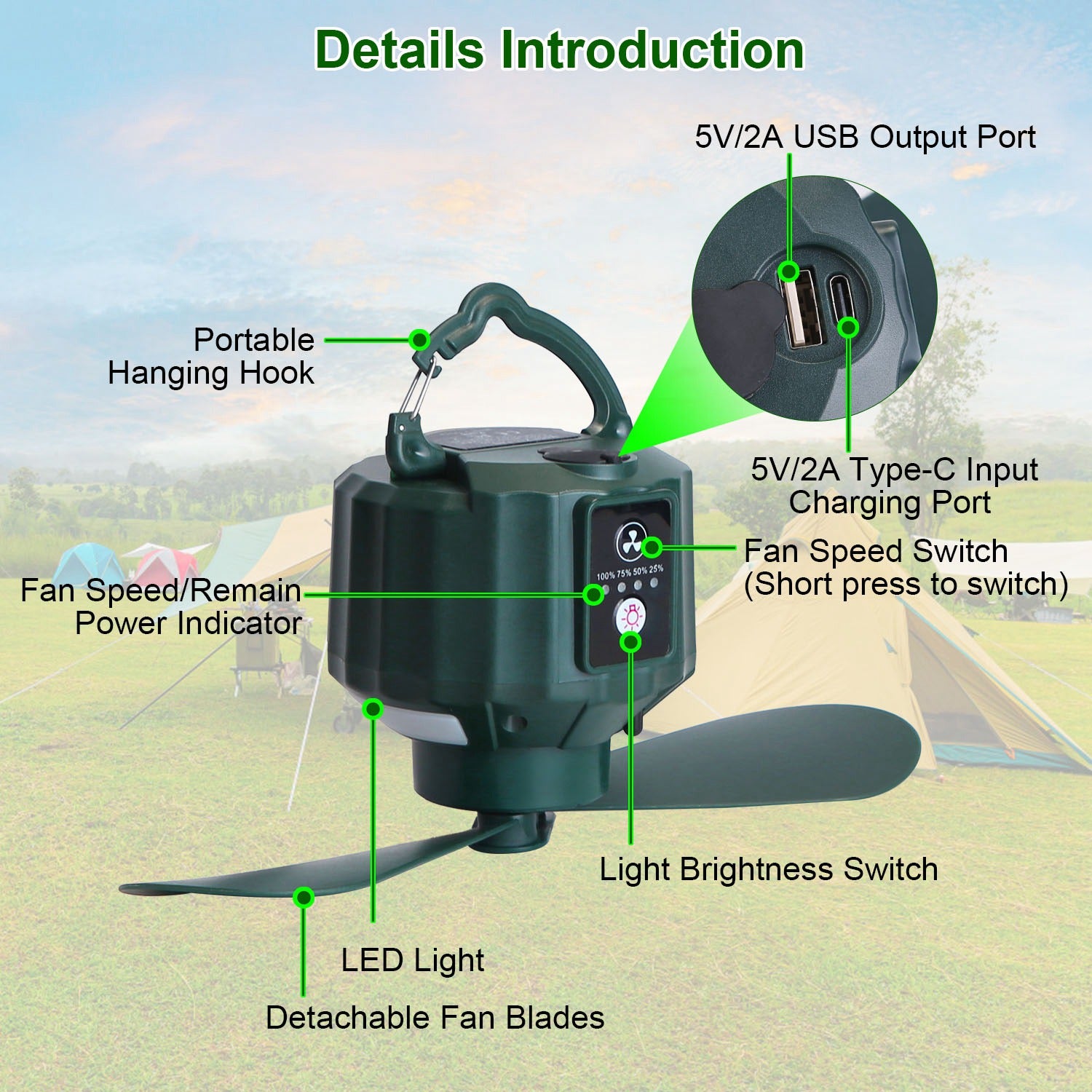 5200mAh Or 10400mAh Options -- 1Pc Portable Camping Ceiling LED Fan  USB Battery Powered Hanging Tent Lantern Fan Power Bank With 3 Fan Speed 3 Light Brightness Smart Timer Remote Control