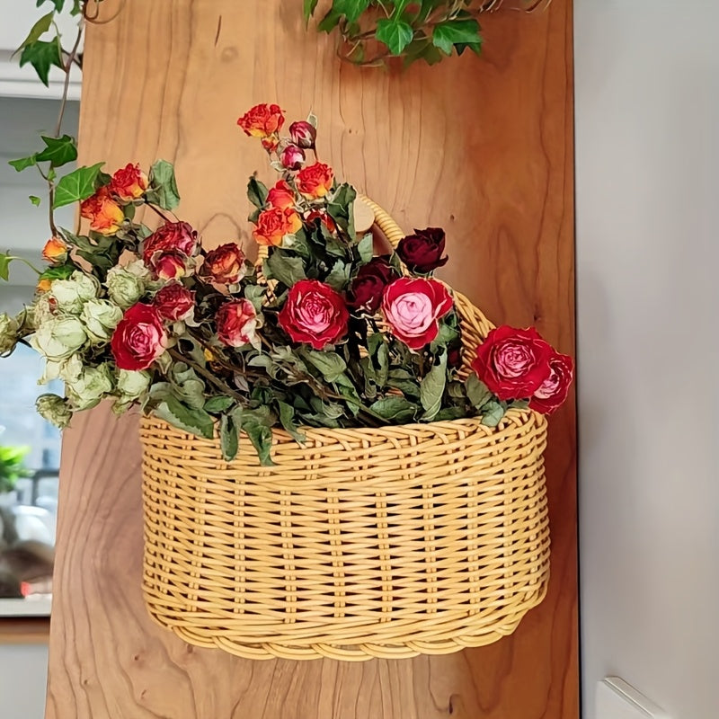 3-Piece Rattan-Style Wall Storage Baskets - Plastic Woven Hanging Baskets, Suitable For Kitchen, Home Decor, Multi-Purpose Wall Hanging Storage Containers, Storage Bins, Kitchen Organization