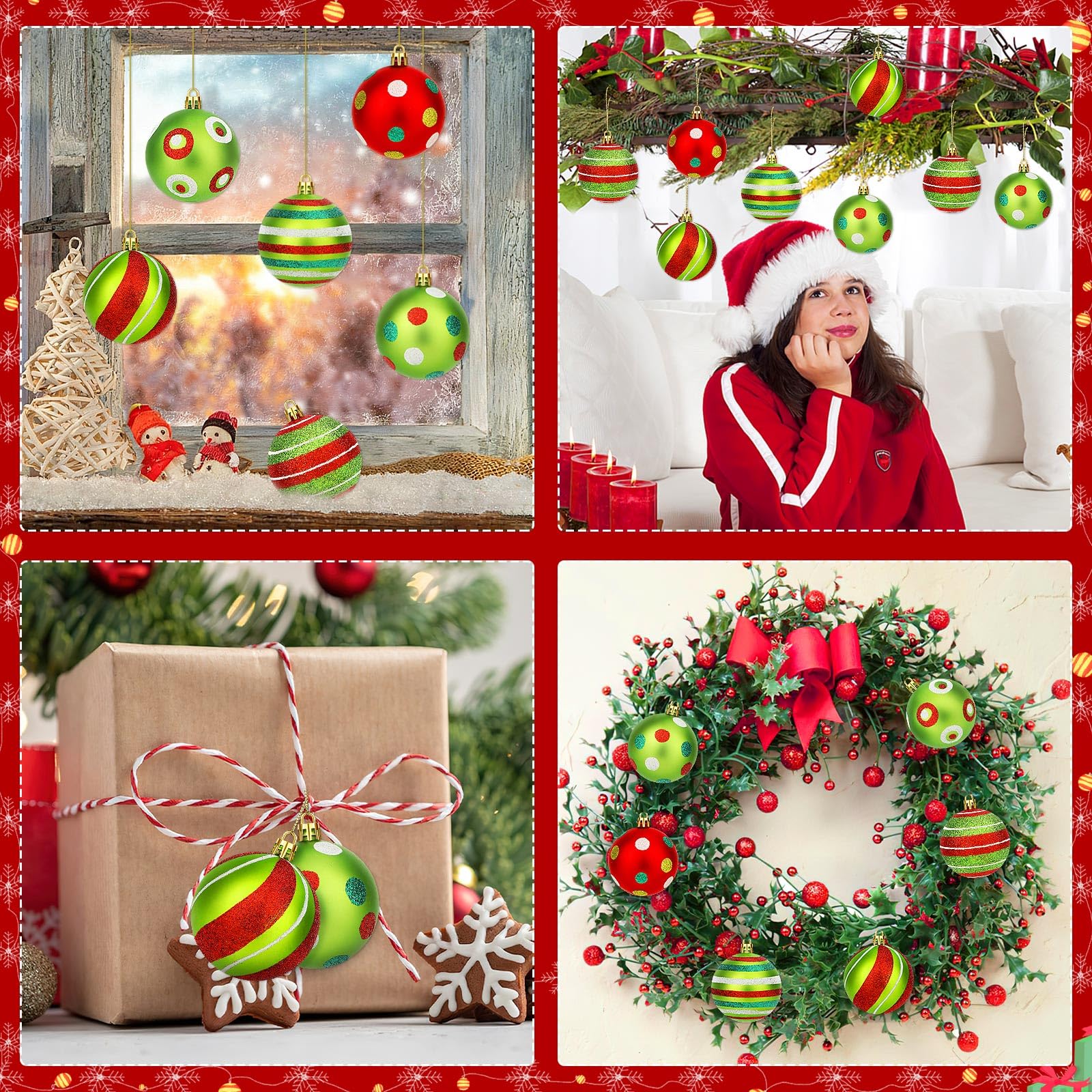 24PCS Christmas Ball Ornaments, Hanging Balls Red And Green Christmas Tree Pendants For Xmas Tree Home Decor Party Holiday Wedding Anniversary DIY Craft Decor Supplies