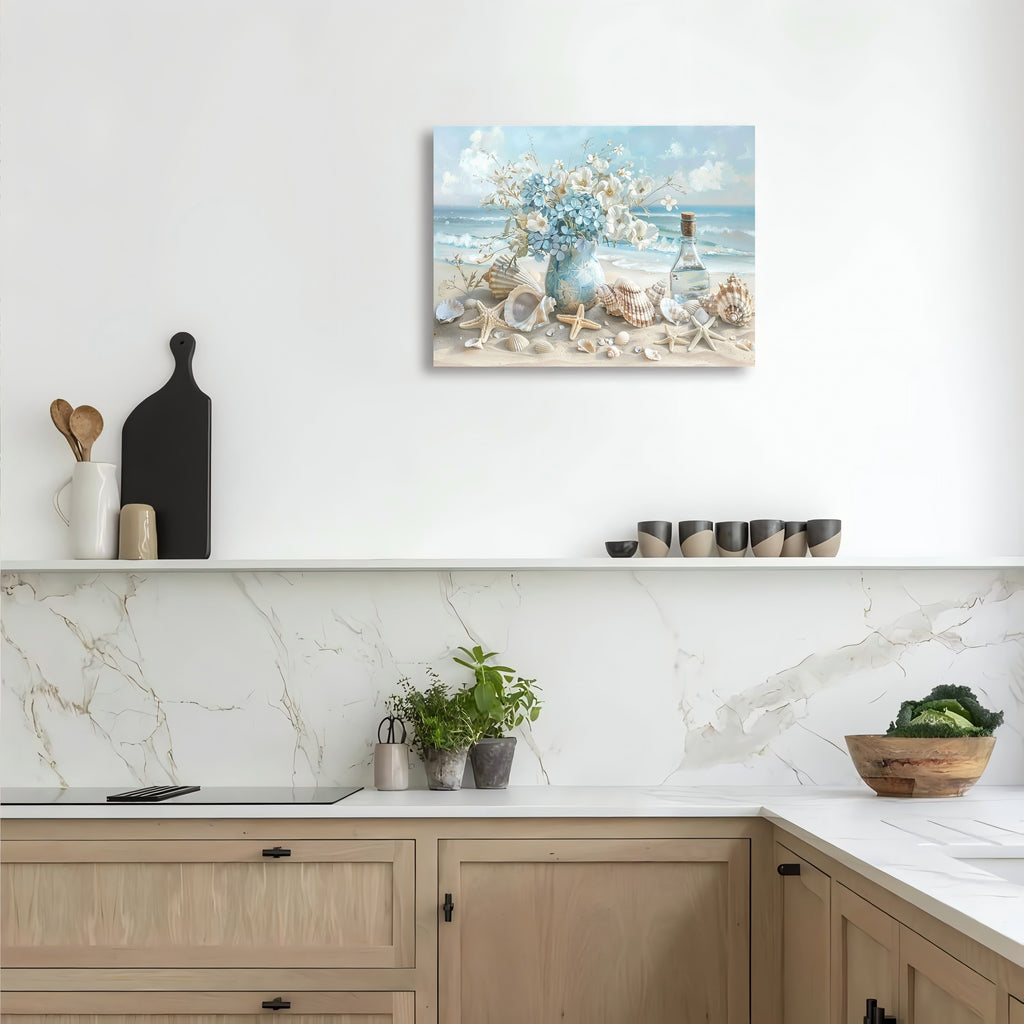 1 Piece Framed Wooden Canvas Painting, One Piece Blue Vase Floral Canvas Print, Wooden Frame Wall Art, Shell And Ocean Theme, Home And Office Decor, Suitable For Living Room, Bedroom, Kitchen, School