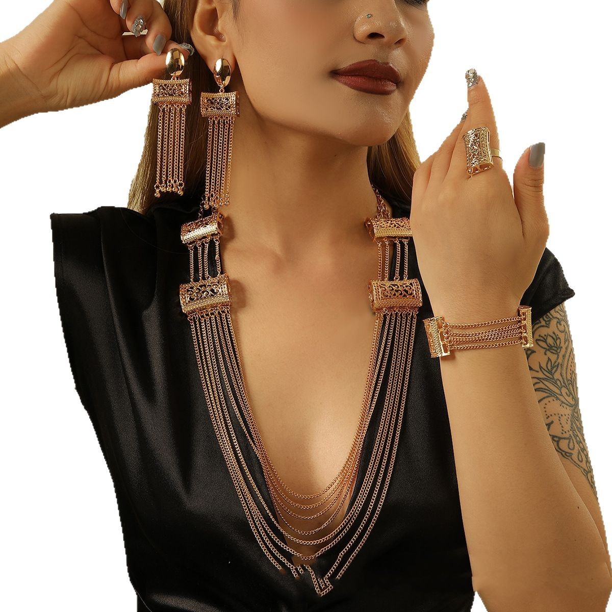 Ladies' Gold-plated Double-layer Tassel Long Necklace Set