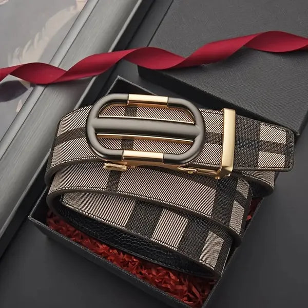 Men's Belt Hollow Alloy Automatic Buckle Printed Men's Belt Versatile High-end Belt Fashion Belt Strong And Durable Men's Belt, Men's Fashion Ratchet Belt, Adjustable Size