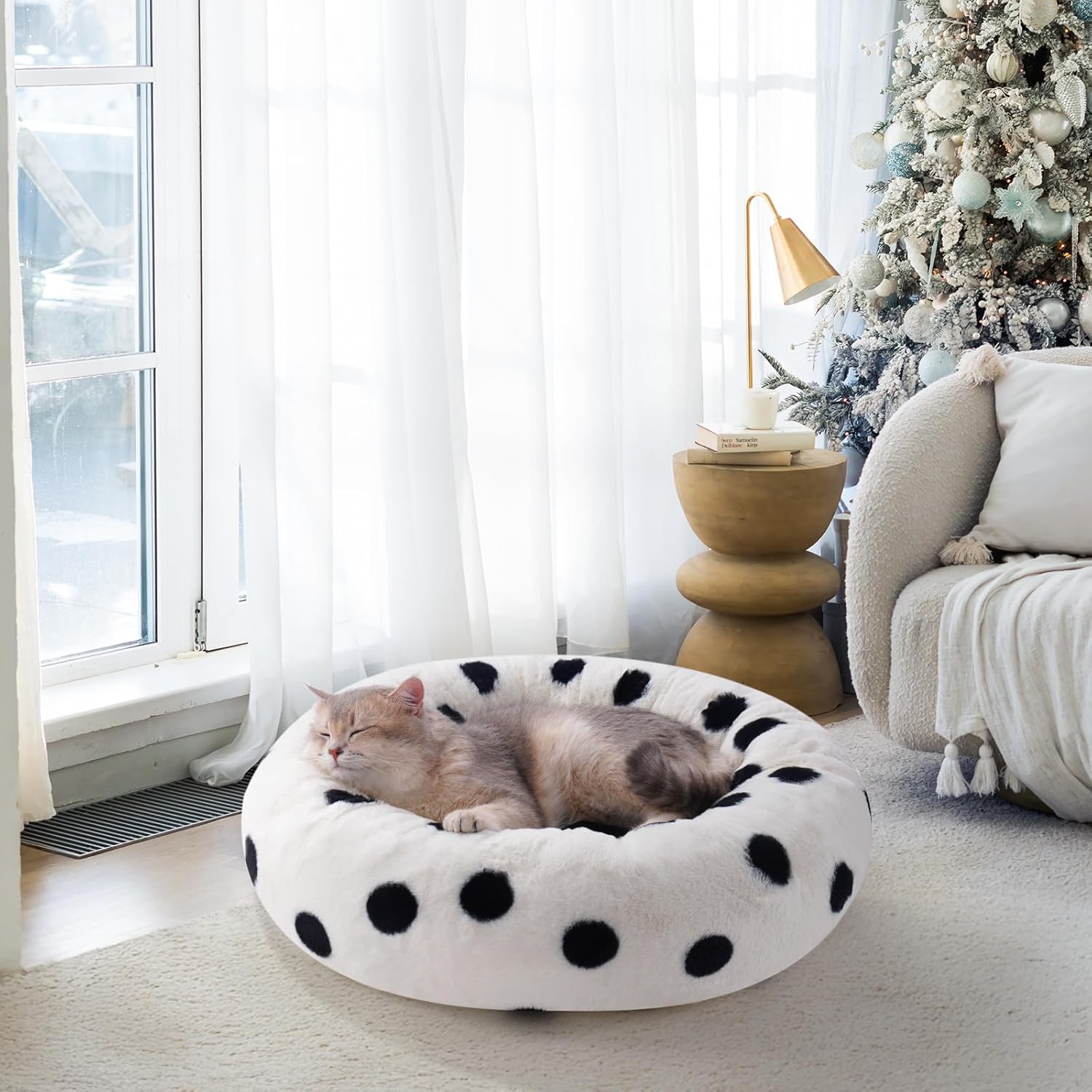 MEWOOFUN Donut Cat Bed For Indoor Cats - 23 Inch Round Washable Pet Bed With Non-Slip Bottom, Plush Fluffy Small Dog Bed For Puppies & Kittens, Black Dot