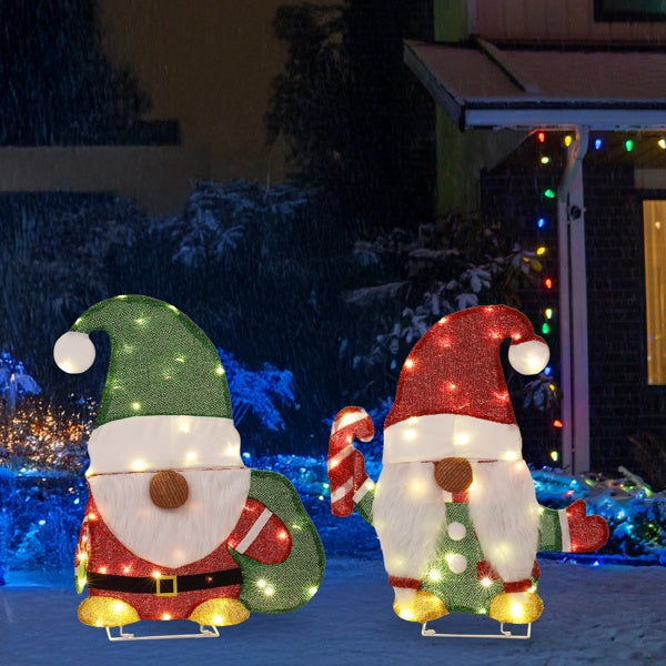Set Of 2 Lighted Gnome And Candy Cane Christmas Decorations, Pre-lit 2D Holiday Decor With 80 Warm White LED Lights For Xmas Outdoor Indoor Decor Lighted Holiday Displays