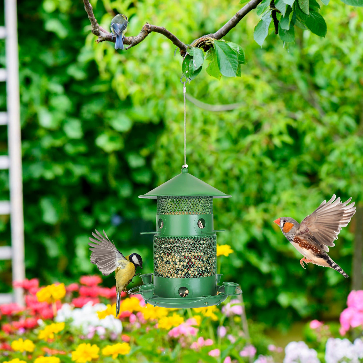 1Pc Wild Bird Feeder Squirrel-Proof Chew-Proof Metal Bird Seed Feeder Outdoor Hanging Bird Feeder With 360 Degree Circular Perches Water Cups For Yard Garden Patio