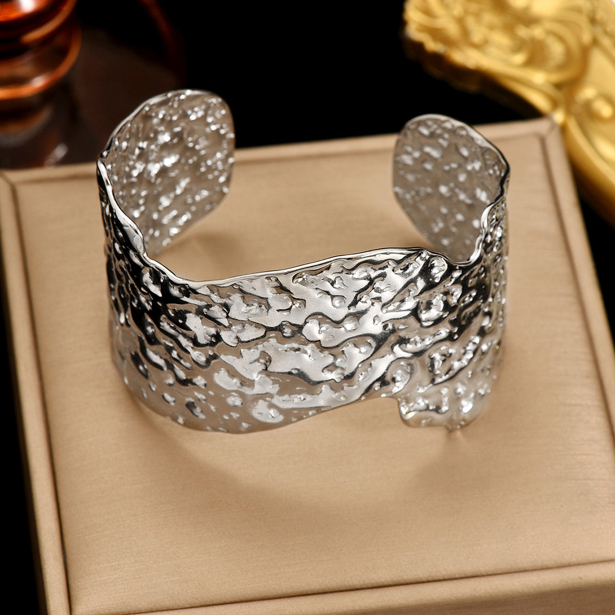 Lxalry 18K Gold Plated Stainless Steel Artisan Hammered Wide Bracelet Hypoallergic Skin Safe Jewelry With Mirror Edges Never Fade Handmade Luxury Gift For Women