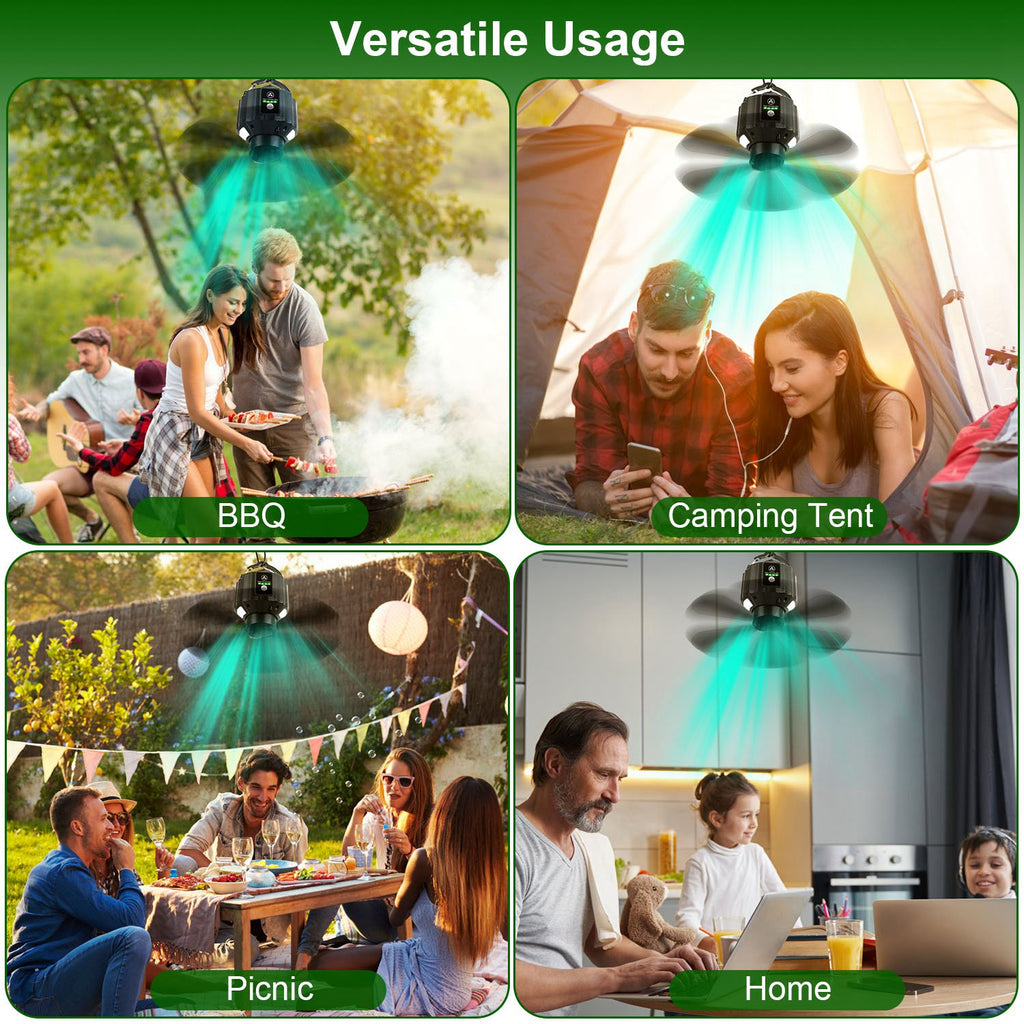5200mAh Or 10400mAh Options -- 1Pc Portable Camping Ceiling LED Fan  USB Battery Powered Hanging Tent Lantern Fan Power Bank With 3 Fan Speed 3 Light Brightness Smart Timer Remote Control