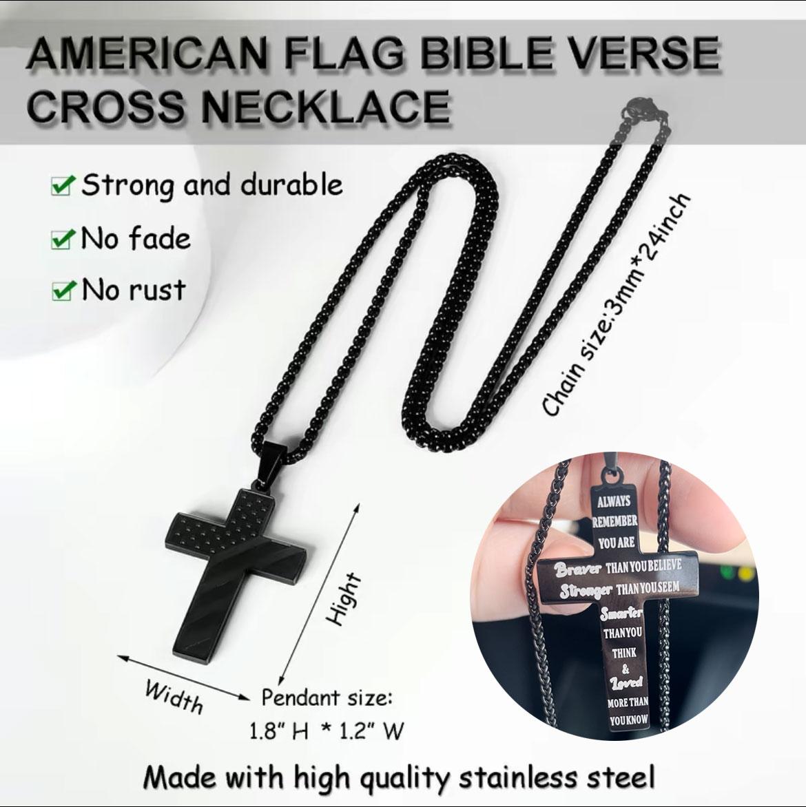 Cross Necklace With Bible Verse American Flag Pendant --Stainless Steel Men Jewelry Gift - Faith-Inspired, Bold & Patriotic Chain For Him