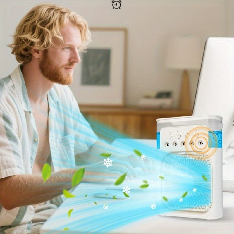 3-in-1 Portable Air Conditioner Fan With Humidifier & LED Light, 3 Speeds & 3 Mist Modes, USB Powered Mini Desktop Cooler For Bedroom, Office, Home, And Travel