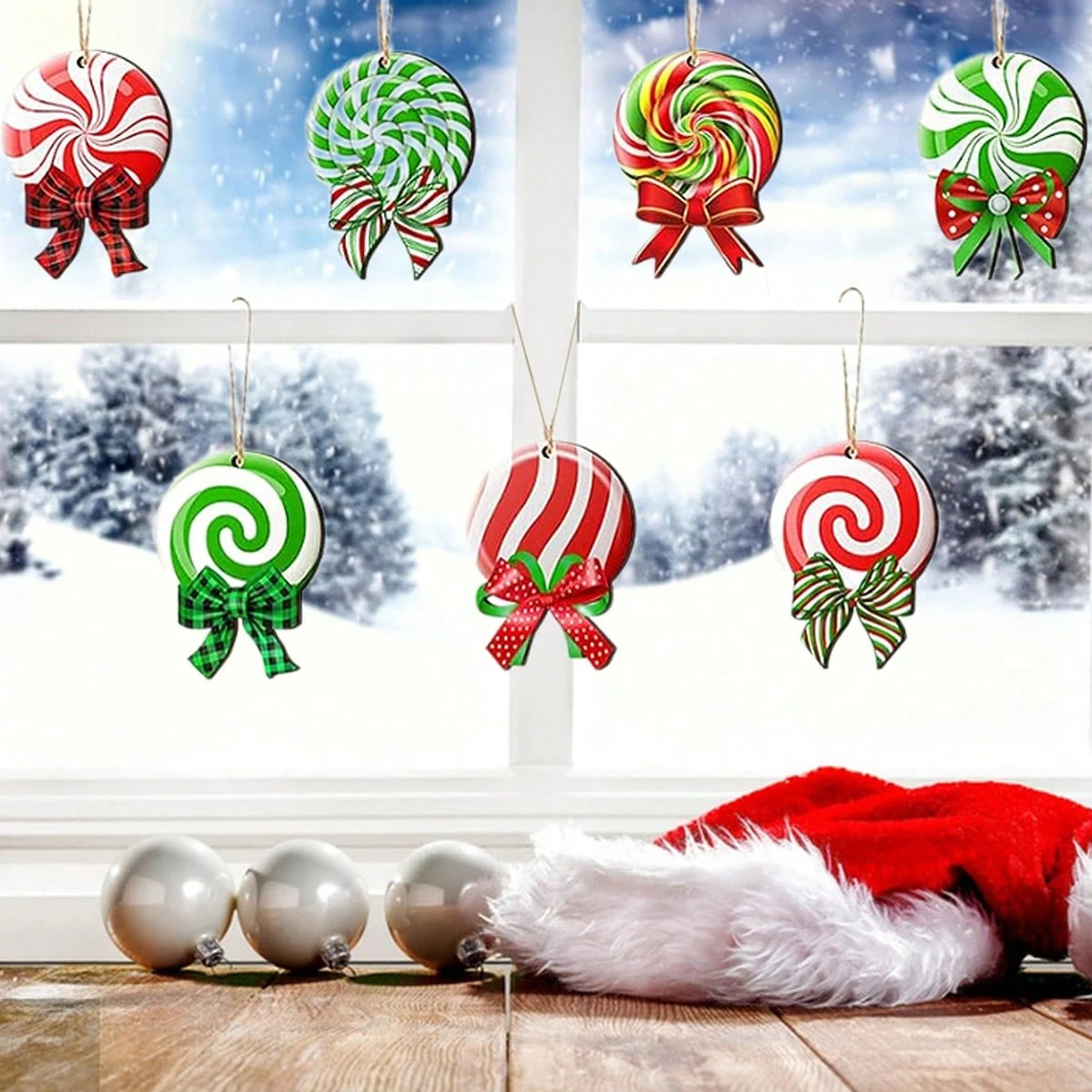 24 Pieces Peppermint Christmas Tree Ornaments Colorful Peppermint Wood Decorations Green Red Lollipop Shaped Christmas Hanging Ornaments For New Year Holiday Xmas Theme Birthday Party Decor