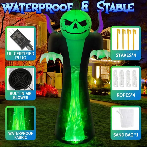 12FT Halloween Inflatables Decoration Outdoor Giant Pumpkin Reaper Ghost With 3-Colored Rotation Flame LEDs Spooky Halloween Blow Up Yard Decorations Outdoor Holiday Party Yard Lawn Decor