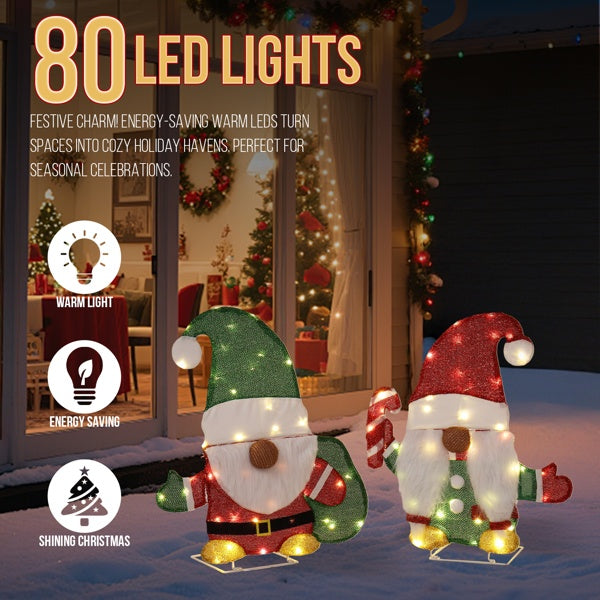 Set Of 2 Lighted Gnome And Candy Cane Christmas Decorations, Pre-lit 2D Holiday Decor With 80 Warm White LED Lights For Xmas Outdoor Indoor Decor Lighted Holiday Displays