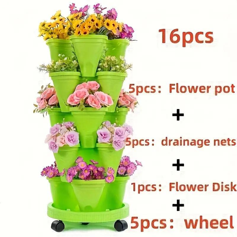 16 Pieces 5-Layer Stackable Flower Pots Vertical Garden Flowers Herbs Strawberry Vegetables Durable Plastic With Mobile Wheels Indoor And Outdoor Flower Pots