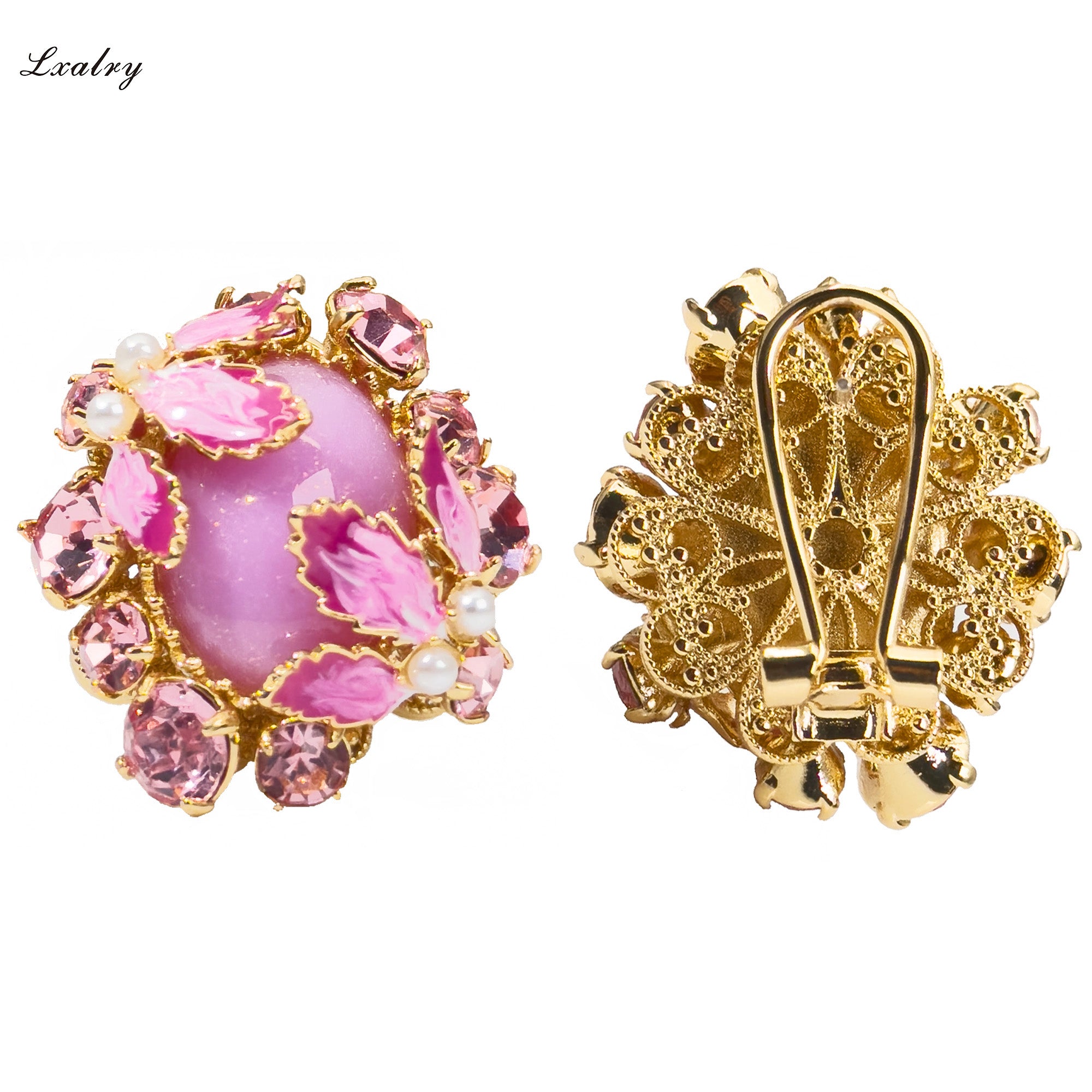 Lxalry 18K Gold Plated Pink Zircon & Enamel Floral Earrings - Vintage Statement Style For Weddings And Parties, Tarnish-Free, Hypoallergenic, Retro Earrings, Gift For Her