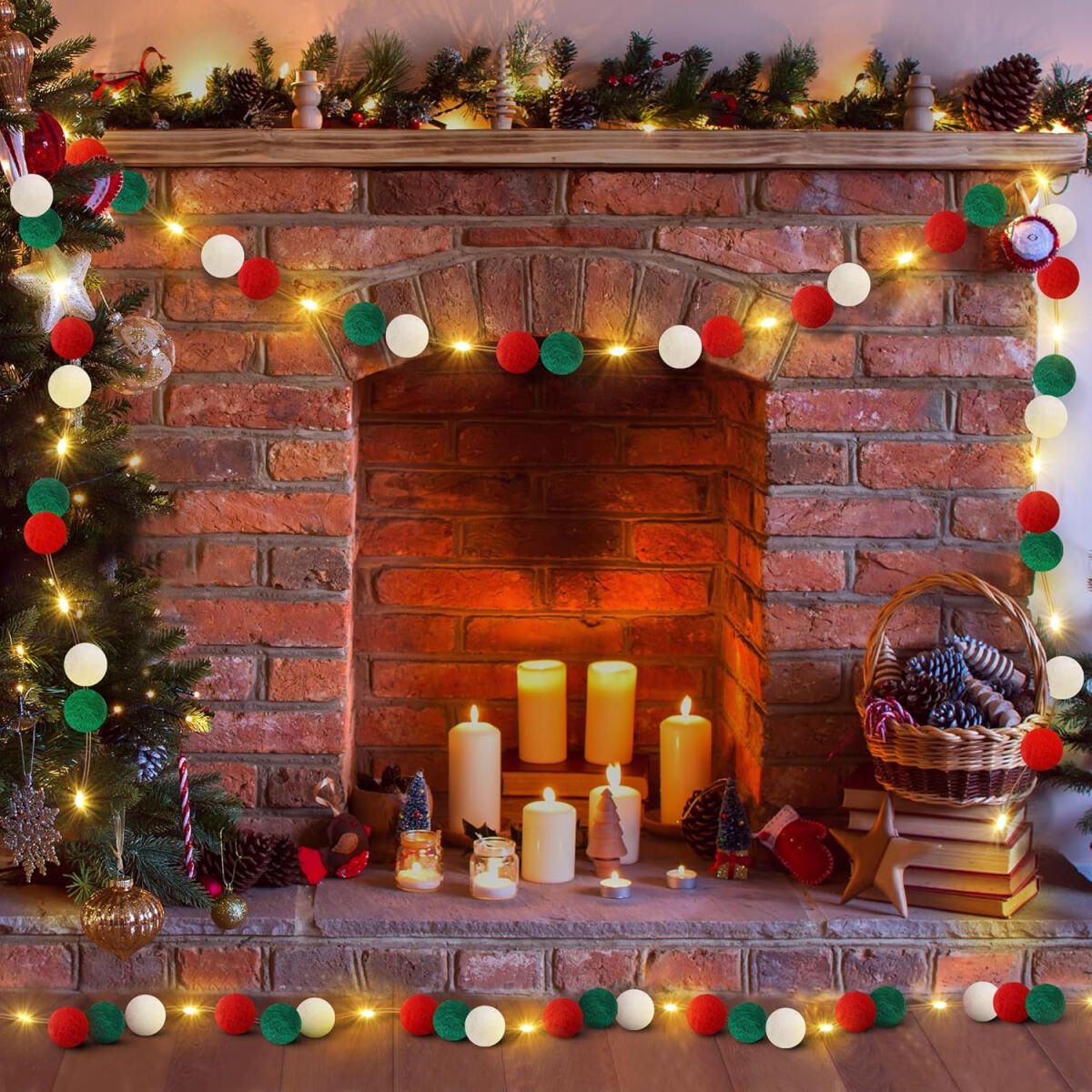 9.84 Ft Felt Ball Garland With Warm Light String Christmas Pom Pom Garland Red Green White 1 Inch Pompoms DIY Unique Hanging Bunting Banner For Xmas Tree Fireplace Wall Home Decor