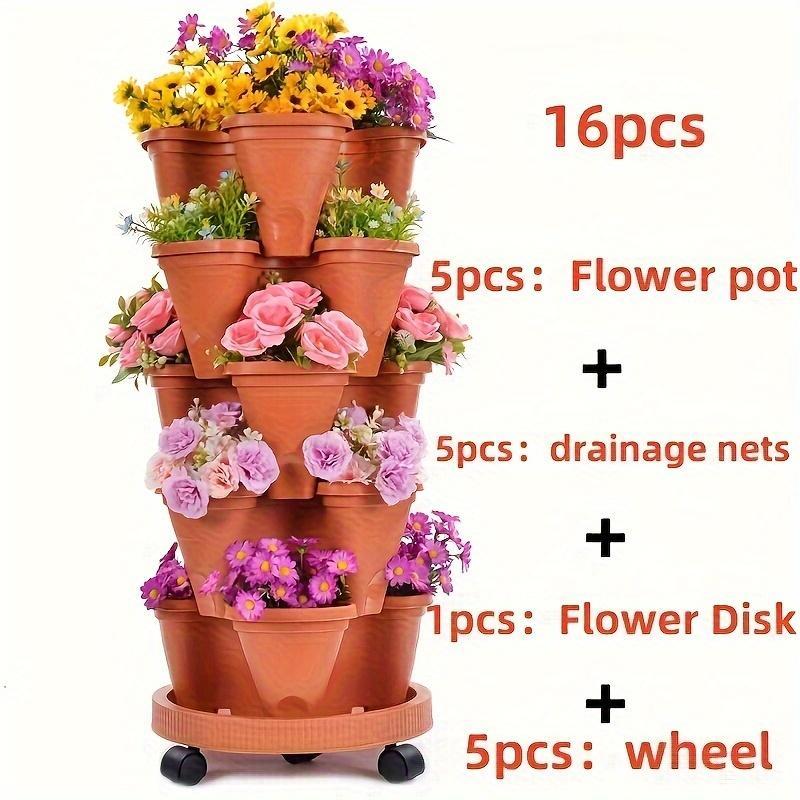 16 Pieces 5-Layer Stackable Flower Pots Vertical Garden Flowers Herbs Strawberry Vegetables Durable Plastic With Mobile Wheels Indoor And Outdoor Flower Pots