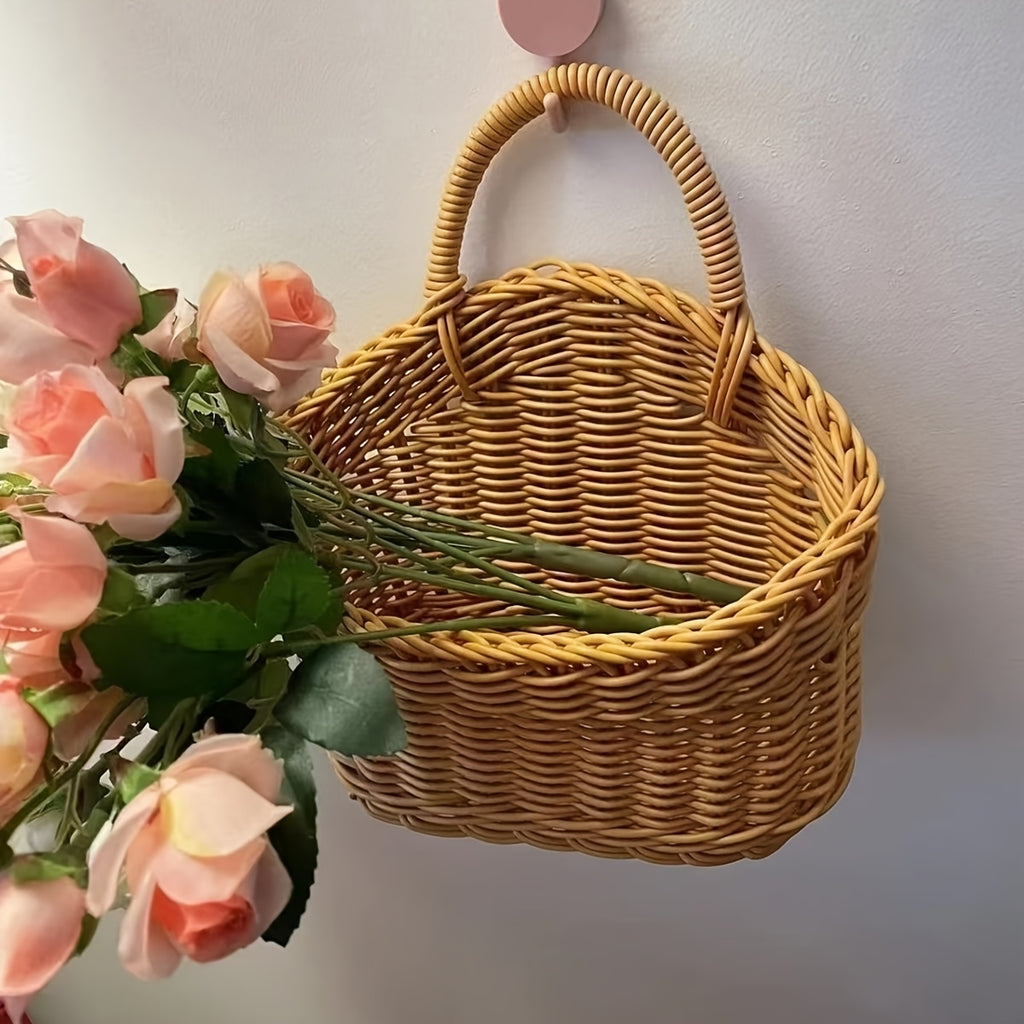 3-Piece Rattan-Style Wall Storage Baskets - Plastic Woven Hanging Baskets, Suitable For Kitchen, Home Decor, Multi-Purpose Wall Hanging Storage Containers, Storage Bins, Kitchen Organization