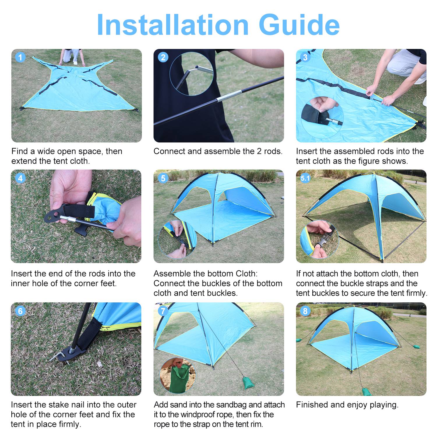 1Pc 4-6 Person Beach Tent Canopy  With 3 Door Openings Carry Bag UPF50 Waterproof  For Beach Picnic Camping Hiking Adventure Fishing