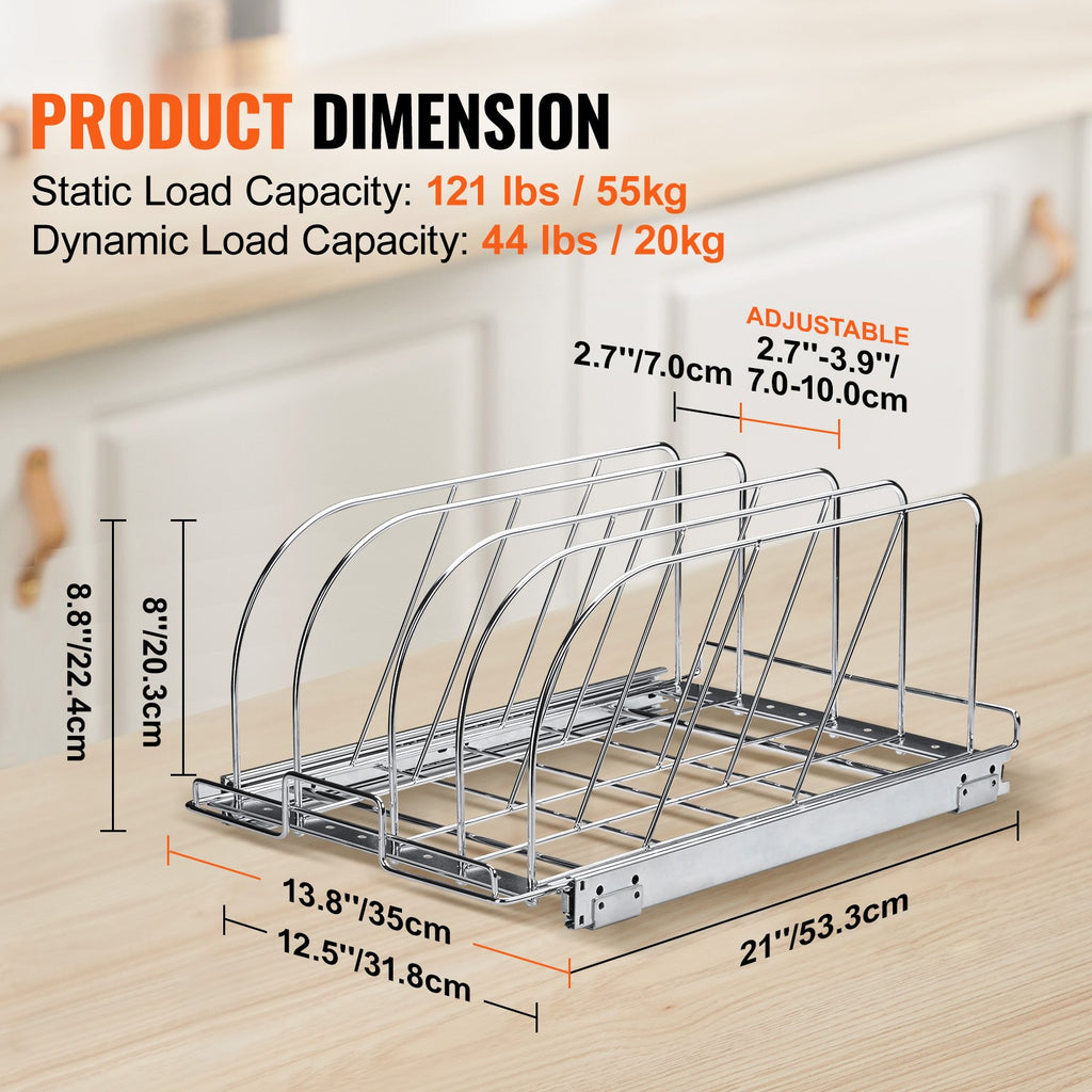 Pan And Pot Rack, Expandable Pull Out Under Cabinet Organizer, Cookie Sheet Baking Pans Tray Organization, Adjustable Wire Dividers, Steel Lid Holder For Kitchen Cabinet & Pantry Storage, 12.5"W
