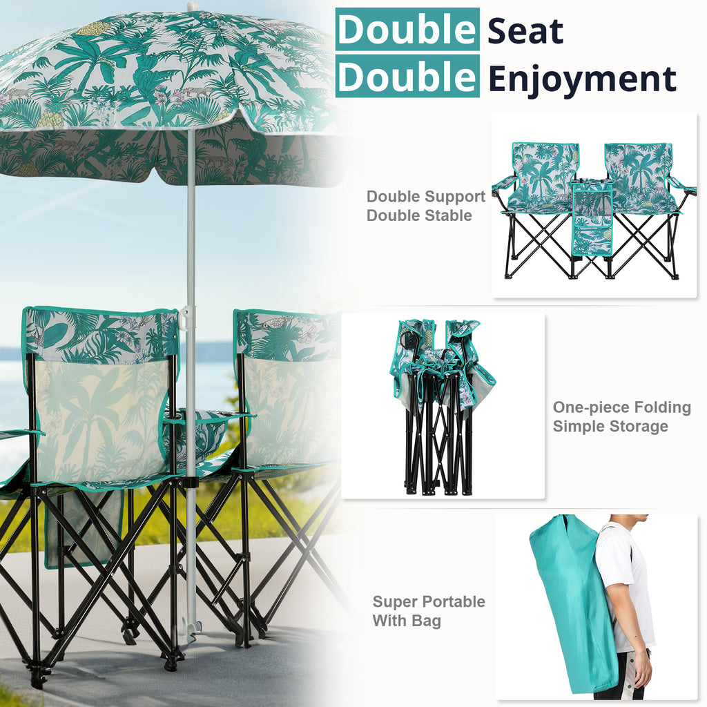 Camping Chairs, Folding Double Chair With Removable Umbrella, Cup Holders, Cooler Bag, Side Pocket & Carry Bag, For Beach, Outdoor, Sports, Concerts, Travel, Picnic