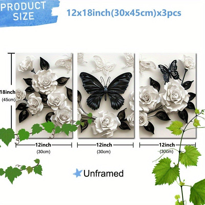 3 Pieces Set Of Framed Wall Art Canvas Prints Featuring A Black Butterfly And White Roses - Perfect For Home, Office, Living Room, Or Bedroom--Selling On Temu Is Prohibited