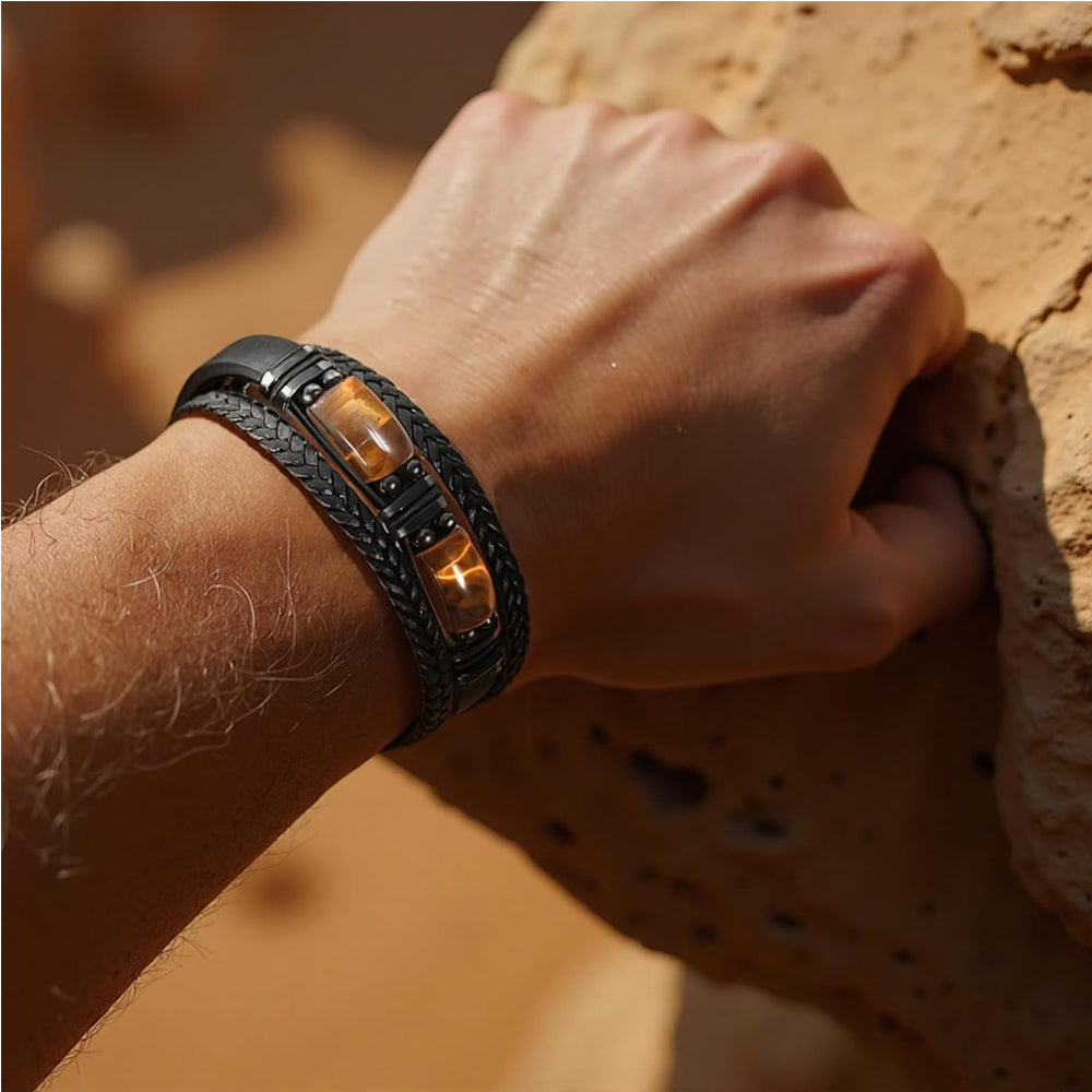 Natural Tiger Eye Stone Bracelet Healing Tiger Eye Quartz Leather Braided Gift