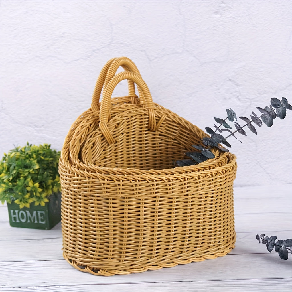 3-Piece Rattan-Style Wall Storage Baskets - Plastic Woven Hanging Baskets, Suitable For Kitchen, Home Decor, Multi-Purpose Wall Hanging Storage Containers, Storage Bins, Kitchen Organization