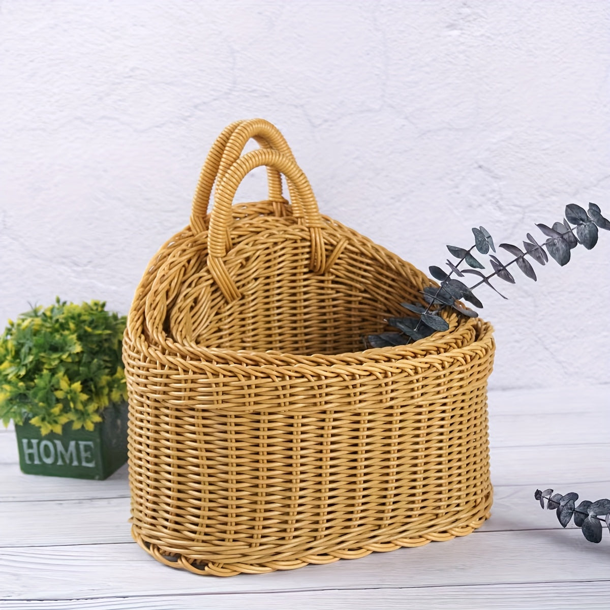 3-Piece Rattan-Style Wall Storage Baskets - Plastic Woven Hanging Baskets, Suitable For Kitchen, Home Decor, Multi-Purpose Wall Hanging Storage Containers, Storage Bins, Kitchen Organization