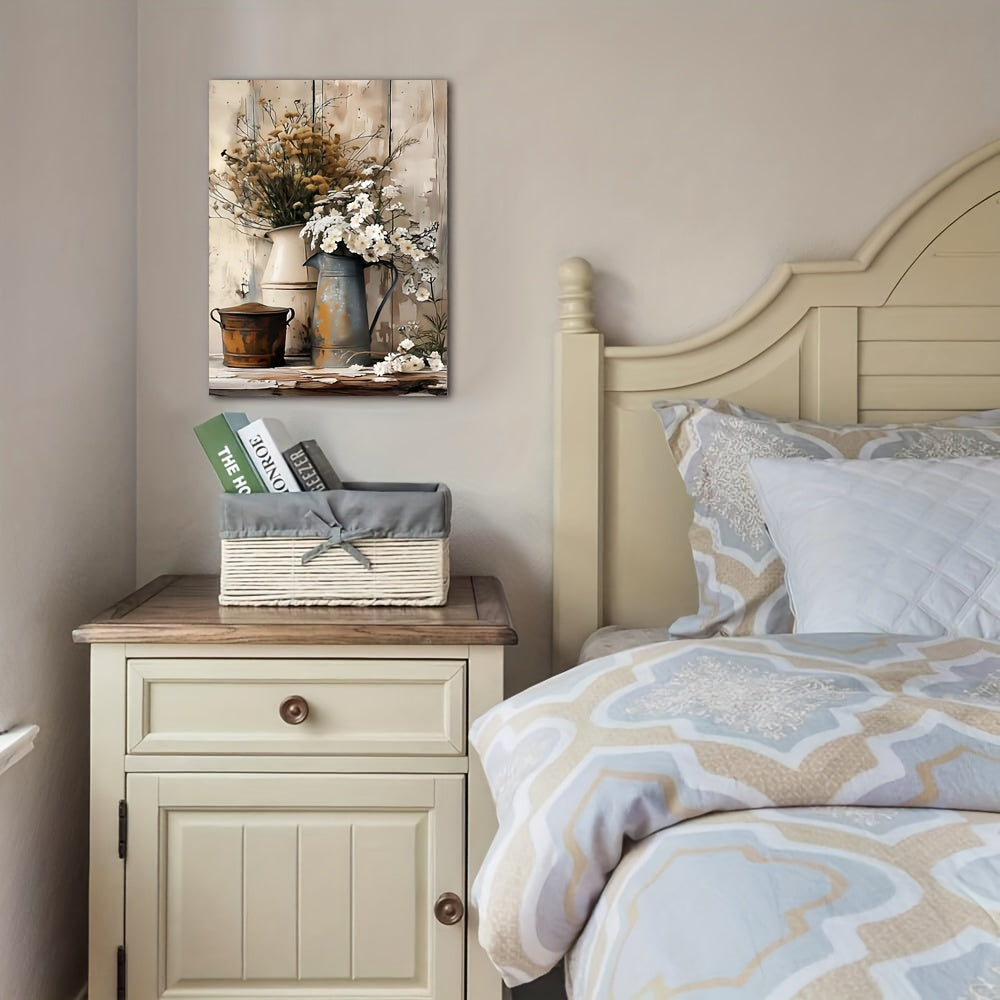 1 Piece Framed Wooden Canvas Painting, Rustic Wood Frame Canvas Art - Cream Yellow Wood Grain With White Jasmine Flowers With Rust Colored Watering Can, Suitable For Living Room Or Bedroom Decoration