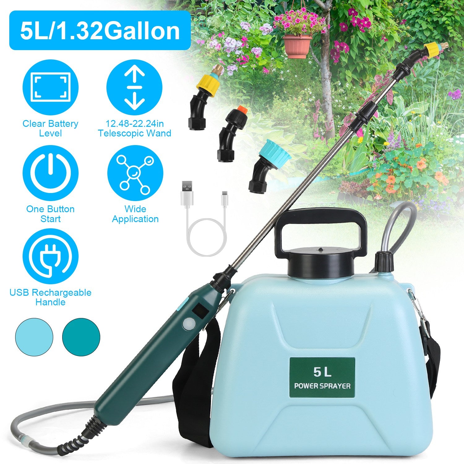 5L 1.32Gallon Battery Operated Water Sprayer Portable Garden Sprayer Electric Sprayer With Rechargeable Handle Telescopic Wand 3 Spray Nozzles Shoulder Strap For Lawn Garden