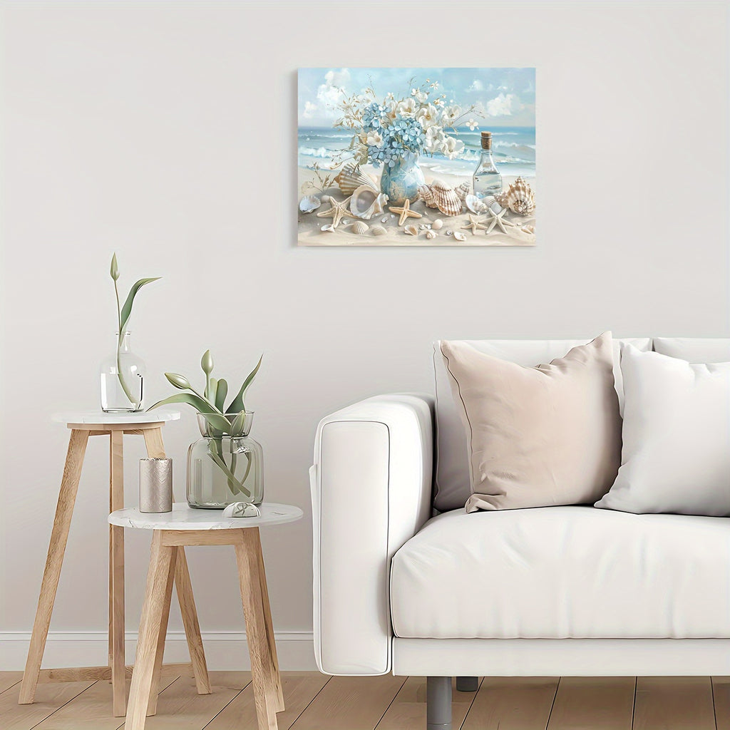1 Piece Framed Wooden Canvas Painting, One Piece Blue Vase Floral Canvas Print, Wooden Frame Wall Art, Shell And Ocean Theme, Home And Office Decor, Suitable For Living Room, Bedroom, Kitchen, School