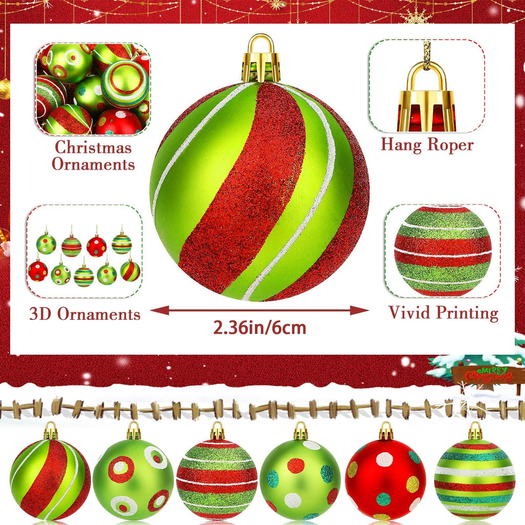 24PCS Christmas Ball Ornaments, Hanging Balls Red And Green Christmas Tree Pendants For Xmas Tree Home Decor Party Holiday Wedding Anniversary DIY Craft Decor Supplies