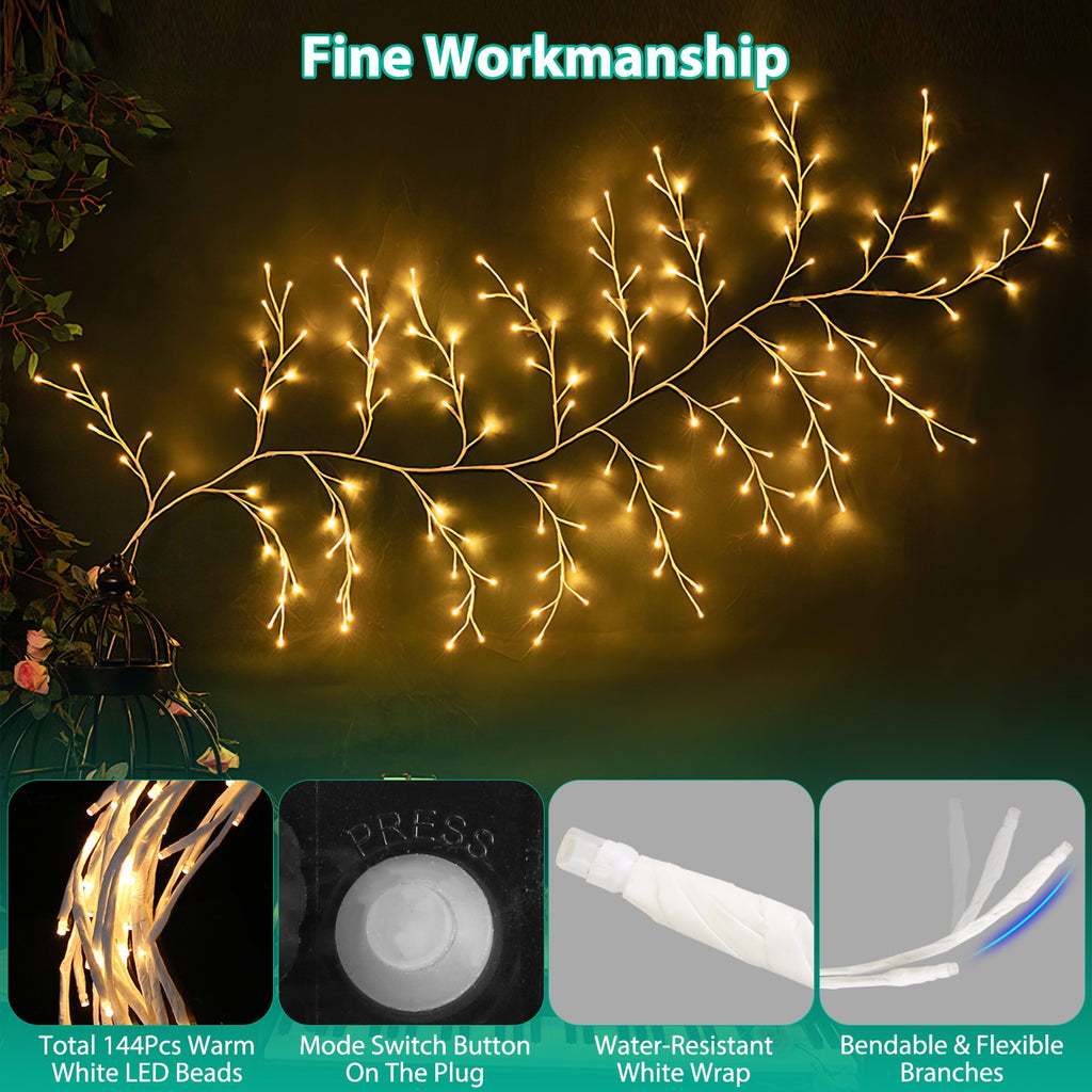1Pc 7.87FT Lighted Birch Garland Lighted Twig Vine Lights 144LED Birch Garland With Lights String Light With Timer 8 Modes IP45 Waterproof For Christmas Fireplace Home Decoration