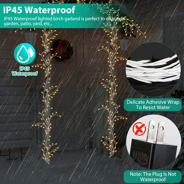 Lighted Birch Garland, 7.87ft 144 LED Warm White Lights With 8 Modes, Remote & Timer, IP45 Waterproof Flexible Branches For Home Decor